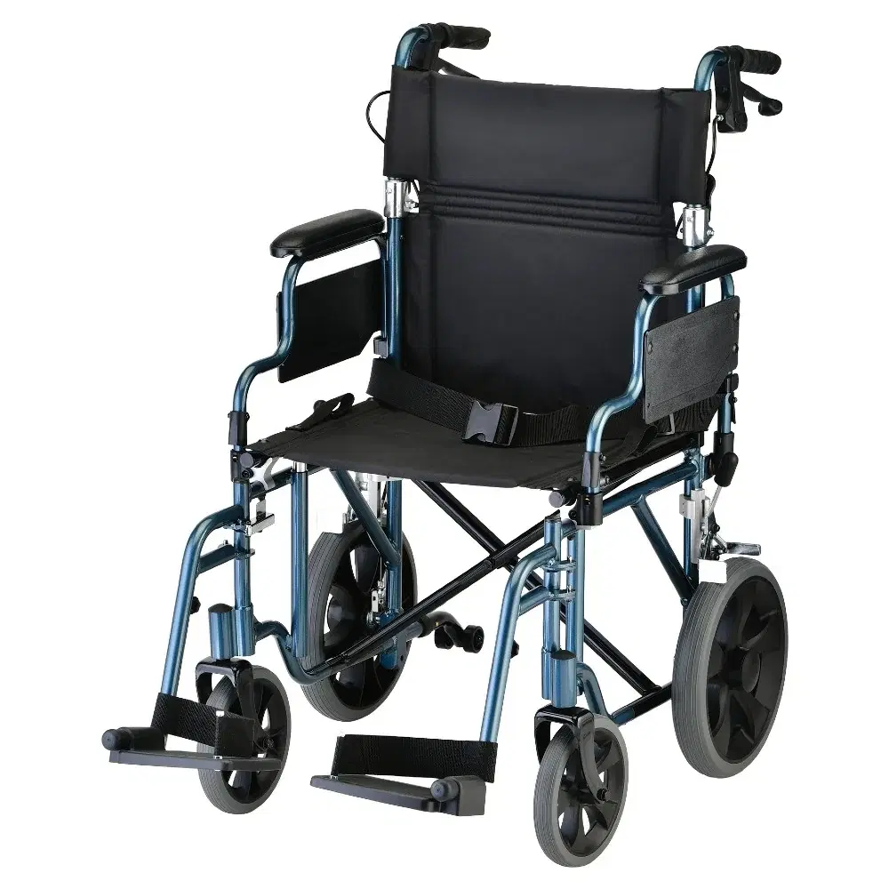 Lightweight Transport Chair with 12" Rear Wheels, Hand Breaks, Removeable Arms - 19" with Swing Away Foot thumbnail 2