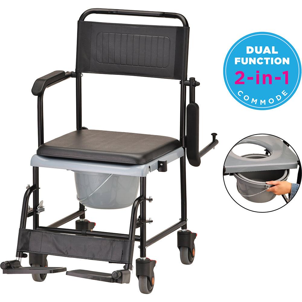 Drop Arm Commode Transport Chair with Wheels thumbnail 2